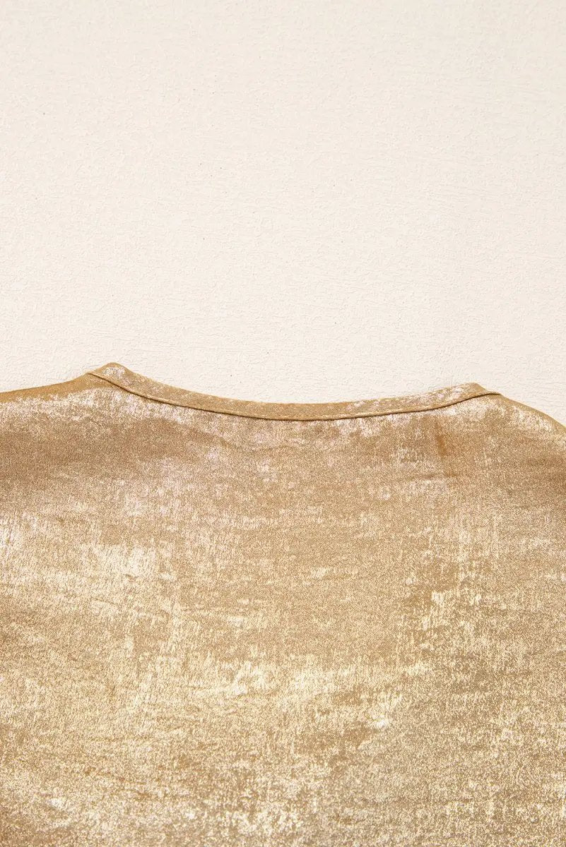 Gold Bow Tie Front Puff 3/4 Sleeve Ruffle Hem Blouse - Love Salve